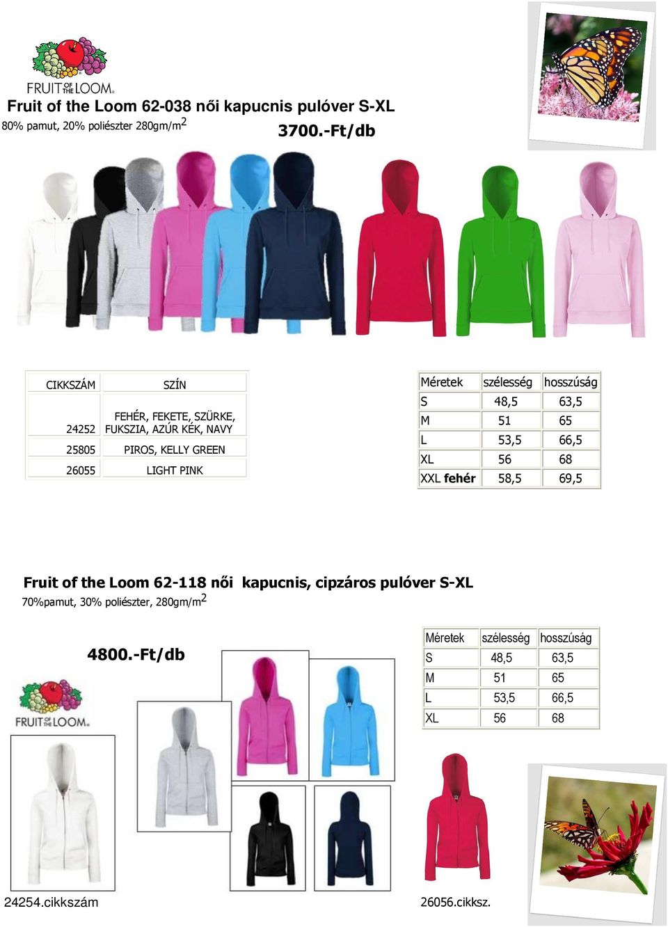 PINK S 48,5 63,5 M 51 65 L 53,5 66,5 XL 56 68 XXL fehér 58,5 69,5 Fruit of the Loom 62-118 nıi kapucnis,