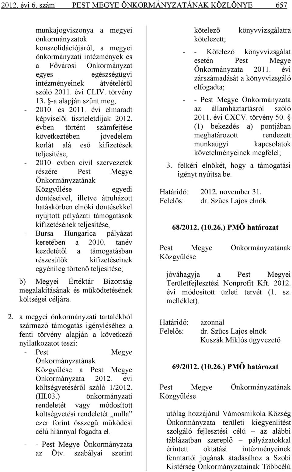 intézményeinek átvételéről szóló 2011. évi CLIV. törvény 13. -a alapján szűnt meg; - 2010. és 2011. évi elmaradt képviselői tiszteletdíjak 2012.