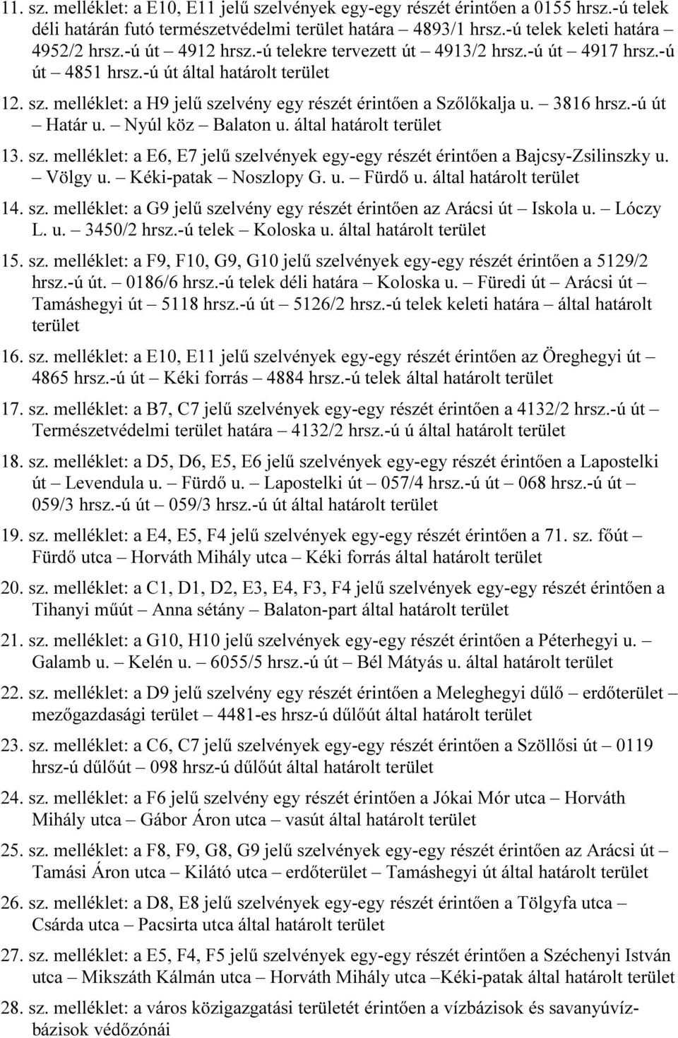 -ú út Határ u. Nyúl köz Balaton u. által határolt terület 13. sz. melléklet: a E6, E7 jelű szelvények egy-egy részét érintően a Bajcsy-Zsilinszky u. Völgy u. Kéki-patak Noszlopy G. u. Fürdő u.