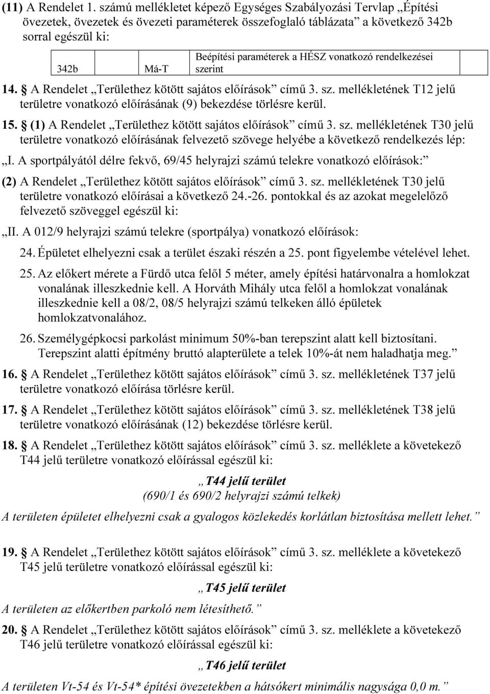 rendelkezései szerint 14. A Rendelet Területhez kötött sajátos előírások című 3. sz. mellékletének T12 jelű területre vonatkozó előírásának (9) bekezdése törlésre kerül. 15.