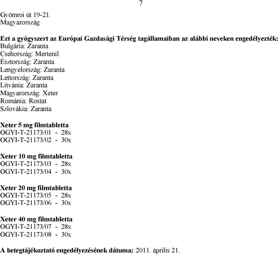 Észtország: Zaranta Lengyelország: Zaranta Lettország: Zaranta Litvánia: Zaranta Magyarország: Xeter Románia: Rostat Szlovákia: Zaranta Xeter 5 mg