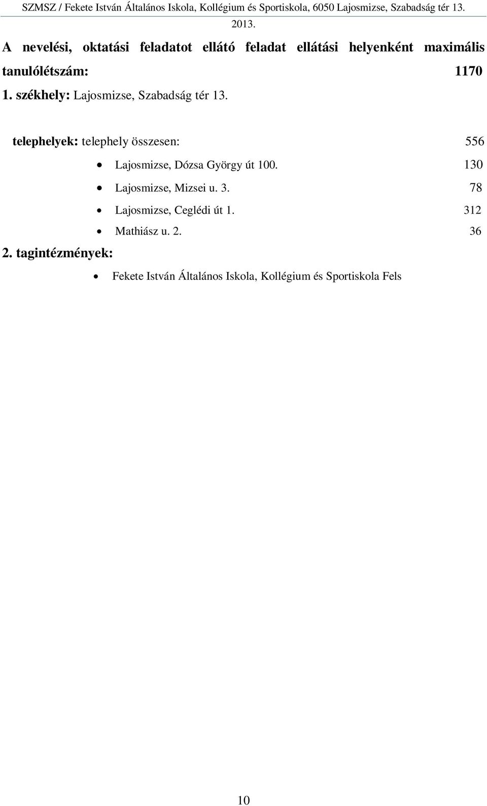 tagintézmények: Fekete István Általános Iskola, Kollégium és Sportiskola Fels lajosi 104 Tagintézménye, Fels lajos, Iskola u. 14-16.