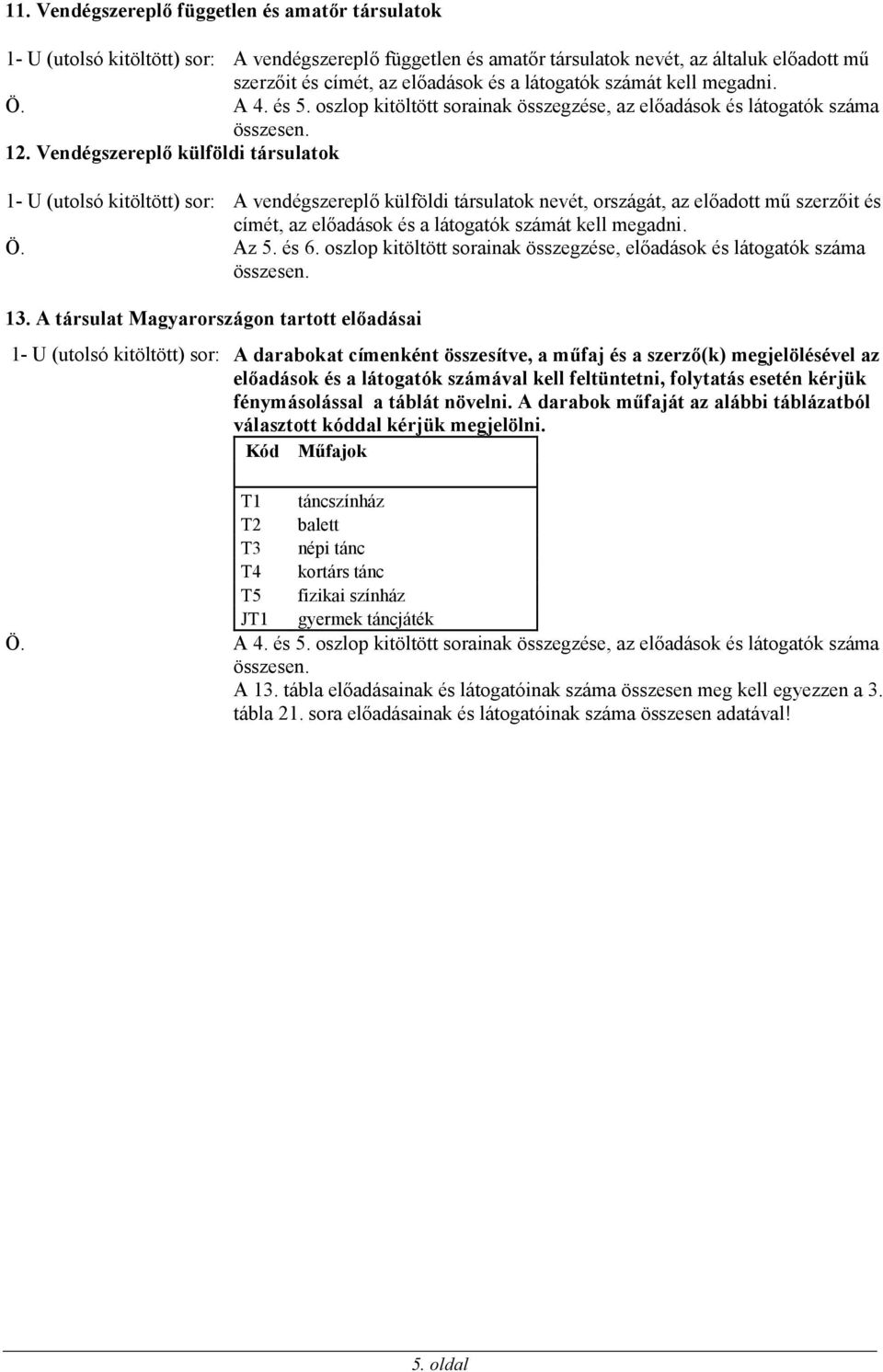 Vendégszereplő külföldi társulatok 1- U (utolsó kitöltött) sor: A vendégszereplő külföldi társulatok nevét, országát, az előadott mű szerzőit és címét, az előadások és a látogatók számát kell megadni.