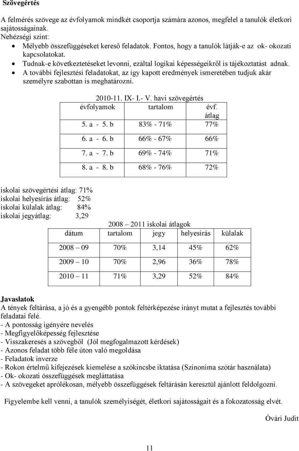 A további fejlesztési feladatokat, az így kapott eredmények ismeretében tudjuk akár személyre szabottan is meghatározni. 2010-11. IX- I.- V. havi szövegértés évfolyamok tartalom évf. átlag 5. a - 5.