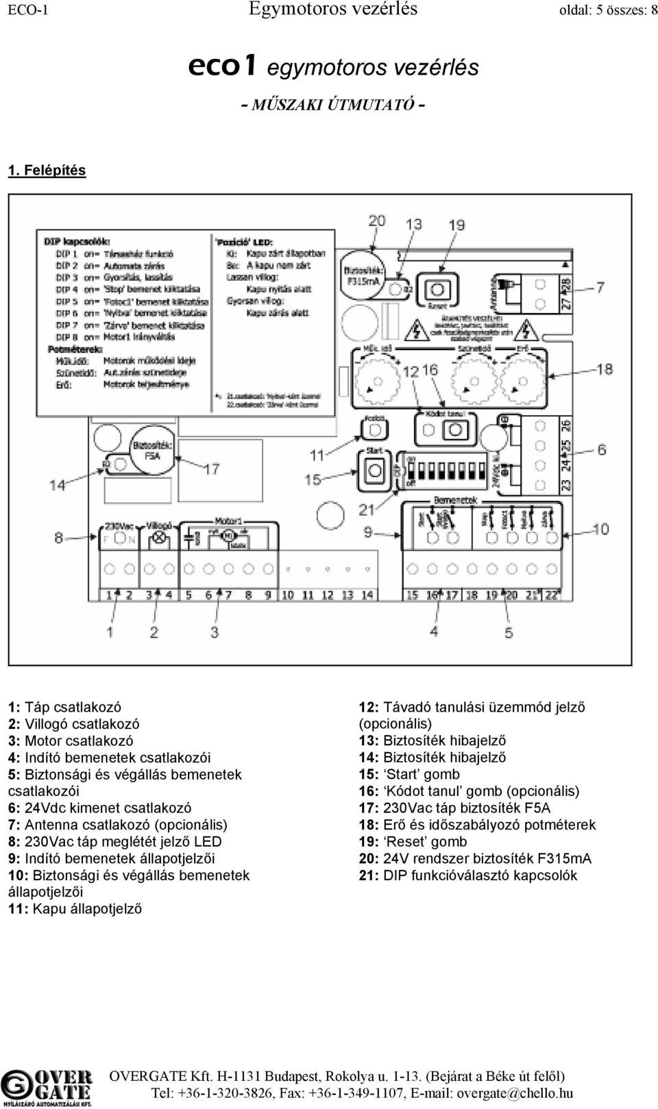 Antenna csatlakozó (opcionális) 8: 230Vac táp meglétét jelző LED 9: Indító bemenetek állapotjelzői 10: Biztonsági és végállás bemenetek állapotjelzői 11: Kapu állapotjelző 12: Távadó