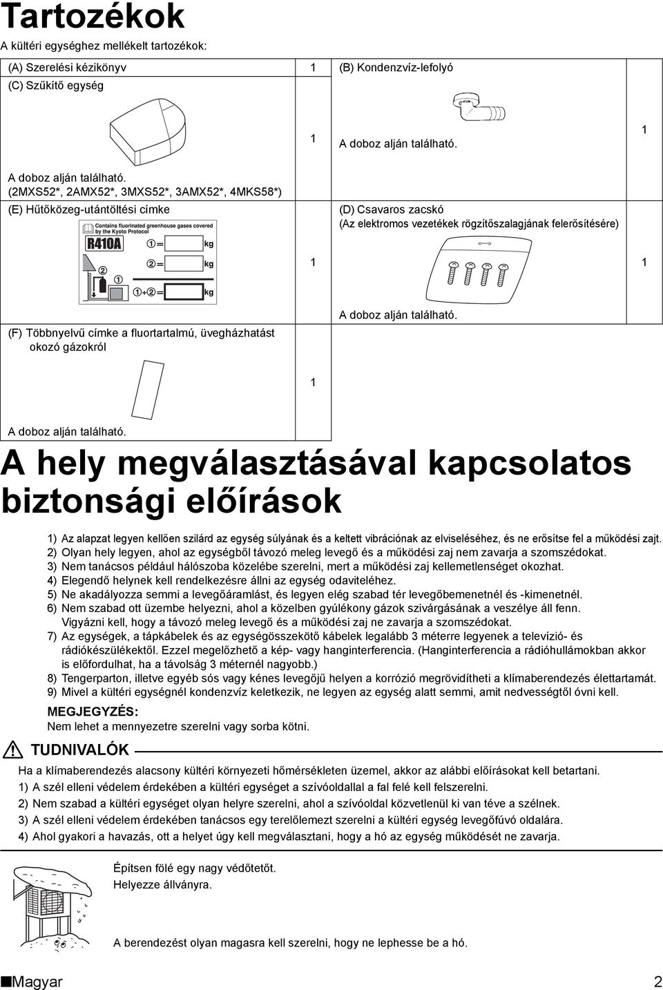(MXS5*, AMX5*, MXS5*, AMX5*, 4MKS58*) (E) Hűtőközeg-utántöltési címke (D) Csavaros zacskó (Az elektromos vezetékek rögzítőszalagjának felerősítésére) (F) Többnyelvű címke a fluortartalmú,