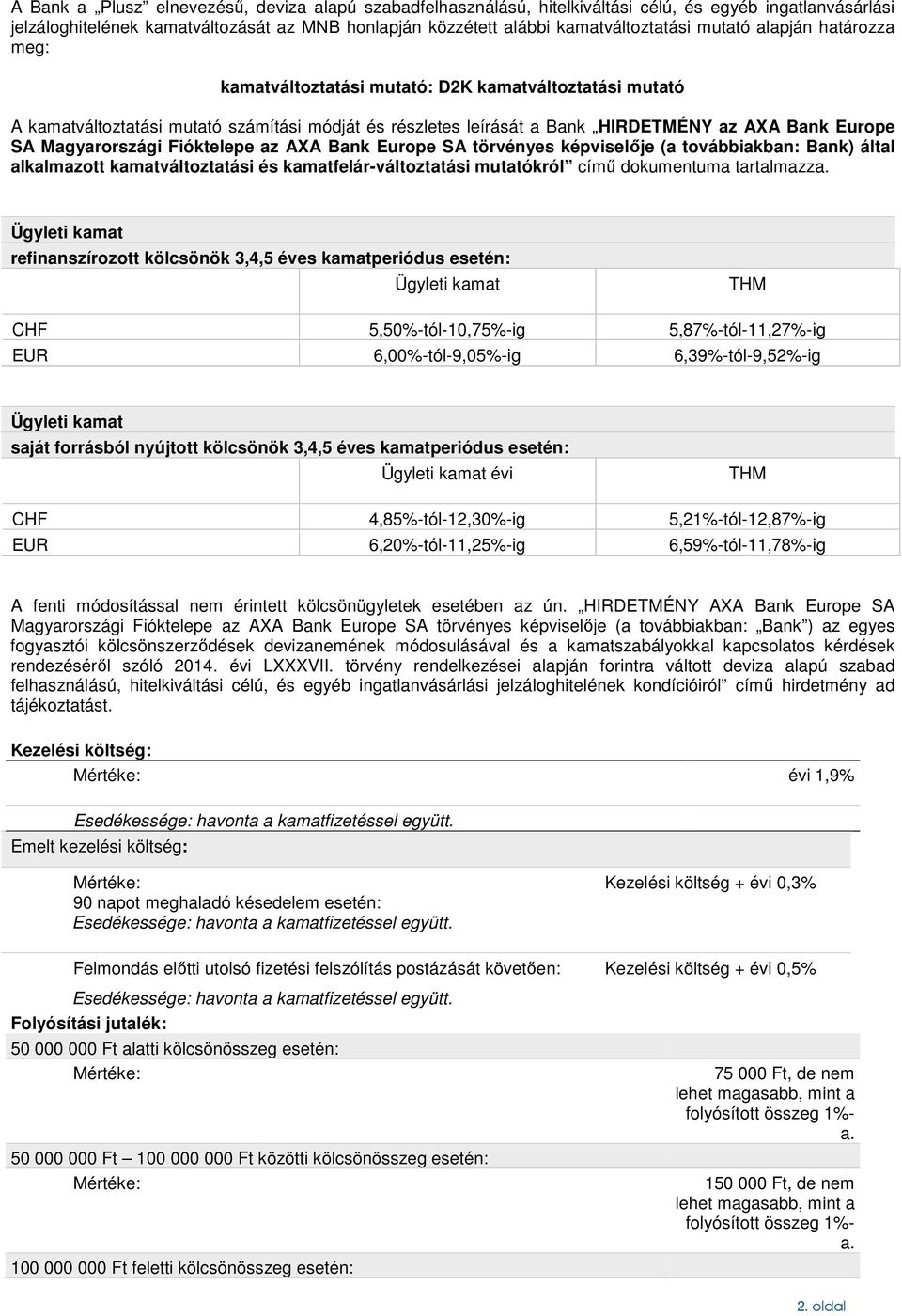 Magyarországi Fióktelepe az AXA Bank Europe SA törvényes képviselője (a továbbiakban: Bank) által alkalmazott kamatváltoztatási és kamatfelár-változtatási mutatókról című dokumentuma tartalmazz