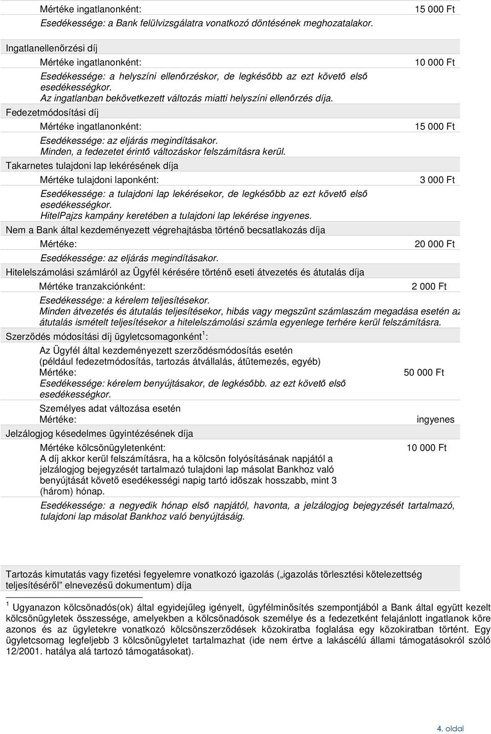 Az ingatlanban bekövetkezett változás miatti helyszíni ellenőrzés díj Fedezetmódosítási díj Mértéke ingatlanonként: Esedékessége: az eljárás megindításakor.