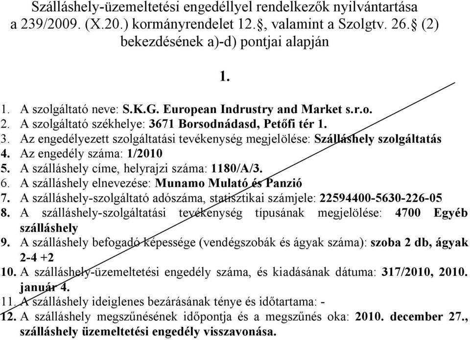 Az engedély száma: 1/2010 5. A címe, helyrajzi száma: 1180/A/3. 6. A elnevezése: Munamo Mulató és Panzió 7. A -szolgáltató adószáma, statisztikai számjele: 22594400-5630-226-05 9.