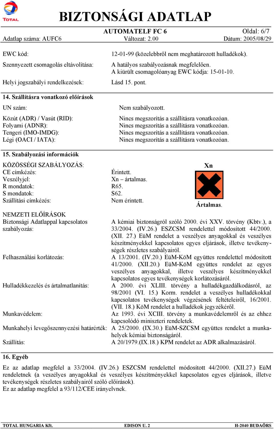A hatályos szabályozásnak megfelelően. A kiürült csomagolóanyag EWC kódja: 15-