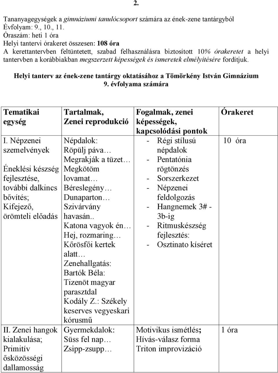 és ismeretek elmélyítésére fordítjuk. Helyi tanterv az ének-zene tantárgy oktatásához a Tömörkény István Gimnázium 9. évfolyama számára Tematikai egység I.