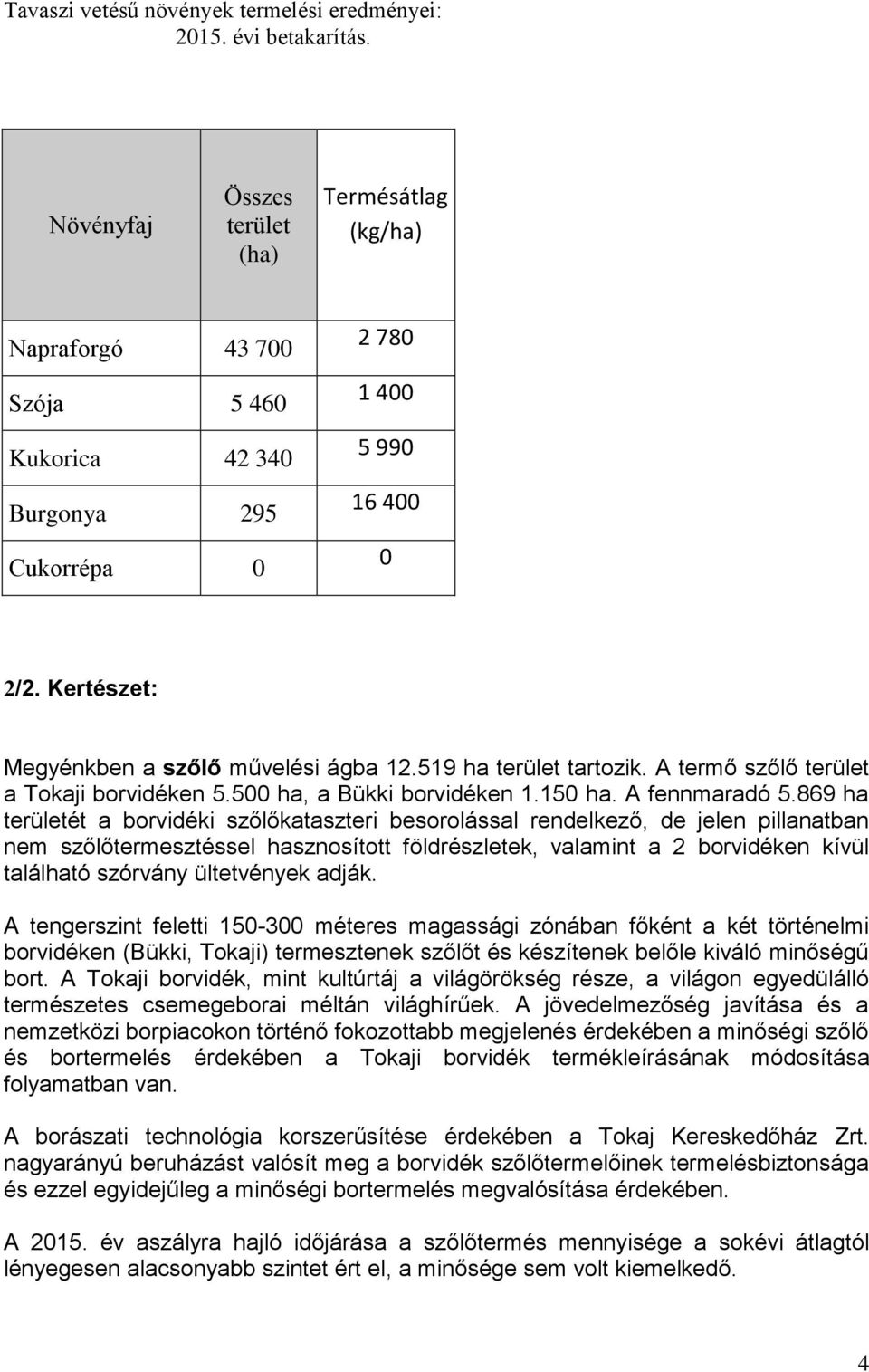 519 ha terület tartozik. A termő szőlő terület a Tokaji borvidéken 5.500 ha, a Bükki borvidéken 1.150 ha. A fennmaradó 5.