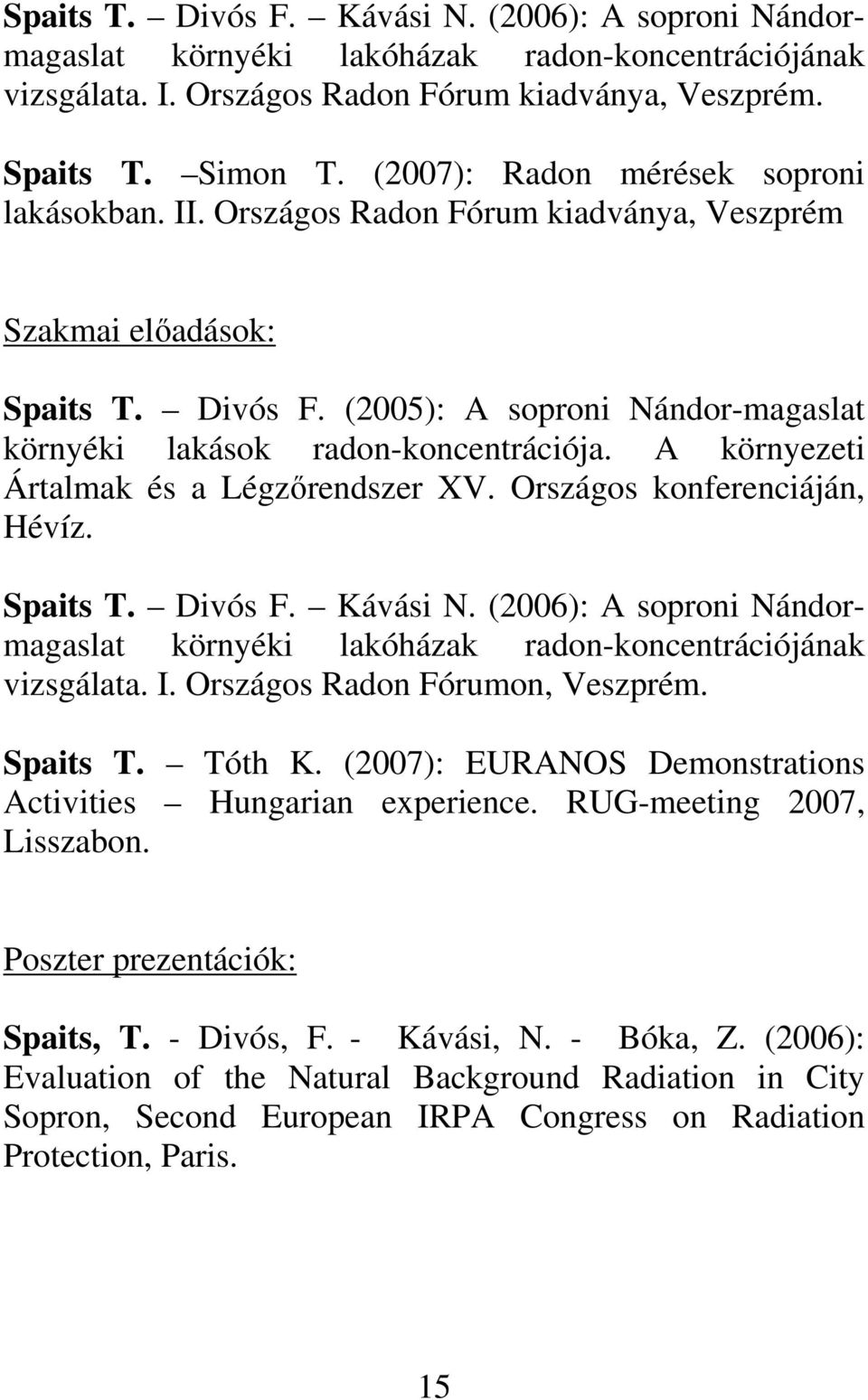 A környezeti Ártalmak és a Légzırendszer XV. Országos konferenciáján, Hévíz. Spaits T. Divós F. Kávási N. (2006): A soproni Nándormagaslat környéki lakóházak radon-koncentrációjának vizsgálata. I.