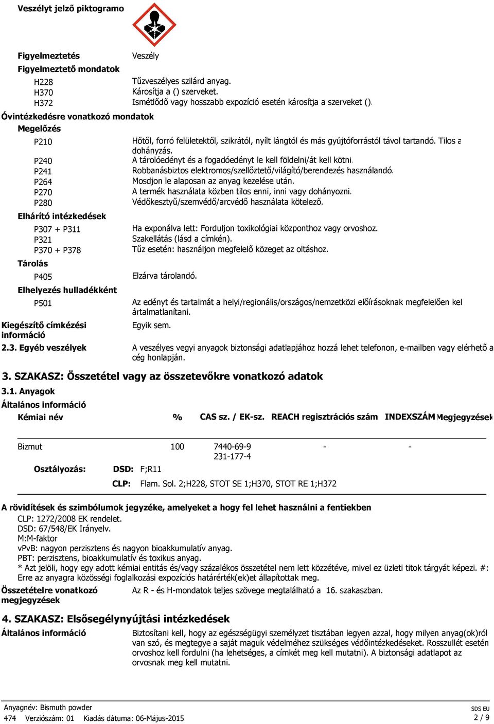 Óvintézkedésre vonatkozó mondatok Megelőzés P210 P240 P241 P264 P270 P280 Elhárító intézkedések P307 + P311 P321 P370 + P378 Tárolás P405 Elhelyezés hulladékként P501 Kiegészítő címkézési információ