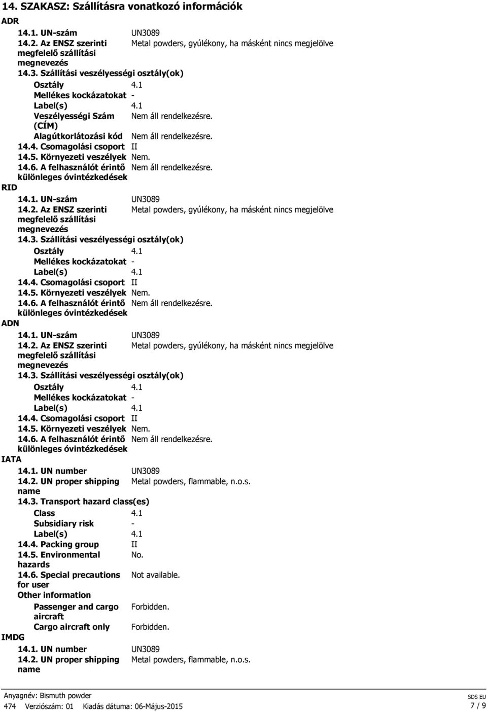 2. Az ENSZ szerinti Metal powders, gyúlékony, ha másként nincs megjelölve megfelelő szállítási megnevezés 14.3. Szállítási veszélyességi osztály(ok) Osztály 4.1 Mellékes kockázatokat - 14.4. Csomagolási csoport II 14.