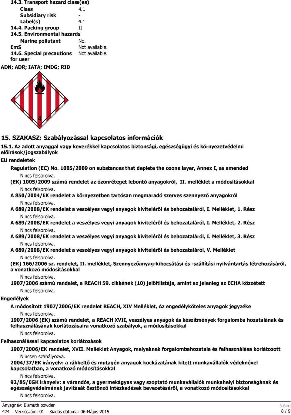 1005/2009 on substances that deplete the ozone layer, Annex I, as amended (EK) 1005/2009 számú rendelet az ózonréteget lebontó anyagokról, II.