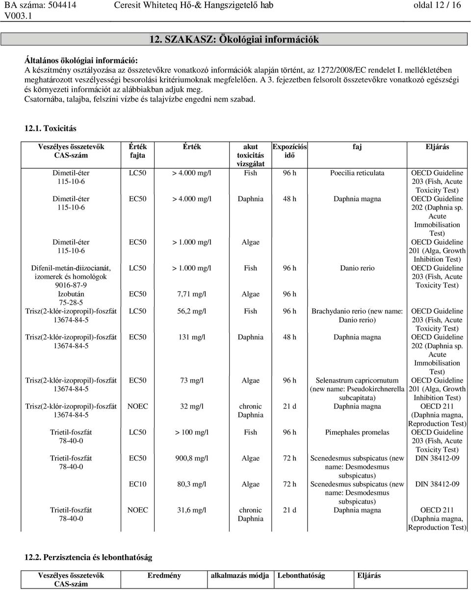 mellékletében meghatározott veszélyességi besorolási kritériumoknak megfelelően. A 3. fejezetben felsorolt összetevőkre vonatkozó egészségi és környezeti információt az alábbiakban adjuk meg.