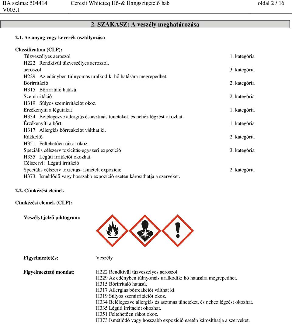 Bőrirritáció H315 Bőrirritáló hatású. Szemirritáció H319 Súlyos szemirritációt okoz. Érzékenyíti a légutakat H334 Belélegezve allergiás és asztmás tüneteket, és nehéz légzést okozhat.
