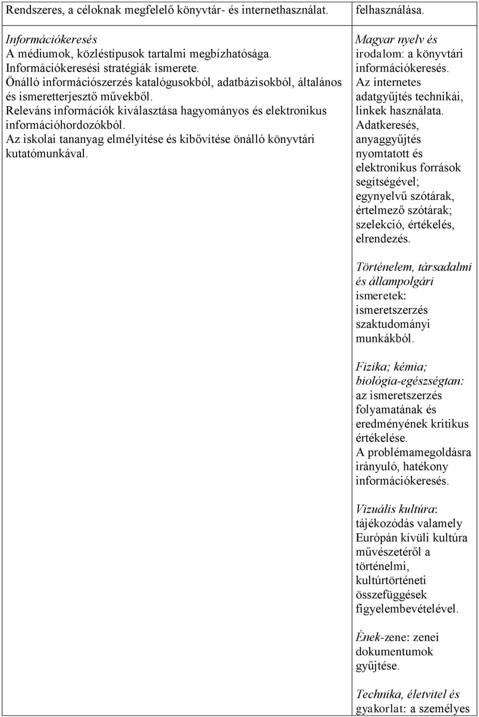 Az iskolai tananyag elmélyítése és kibővítése önálló könyvtári kutatómunkával. felhasználása. irodalom: a könyvtári információkeresés. Az internetes adatgyűjtés technikái, linkek használata.