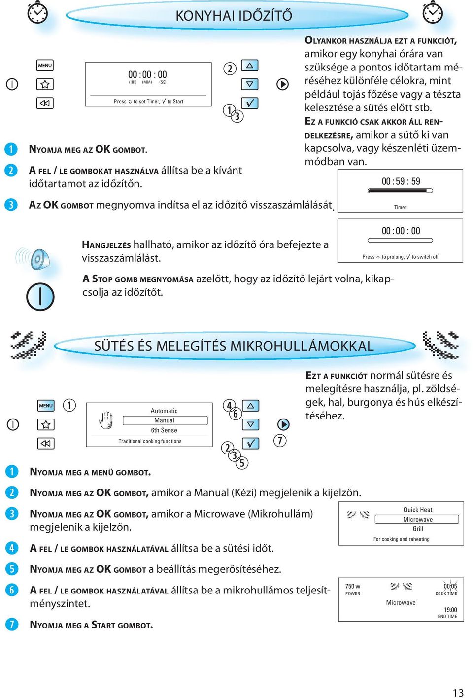 EZ A FUNKCIÓ CSAK AKKOR ÁLL REN- DELKEZÉSRE, amikor a sütő ki van kapcsolva, vagy készenléti üzemmódban van. 00 : 59 : 59 AZ OK GOMBOT megnyomva indítsa el az időzítő visszaszámlálását.