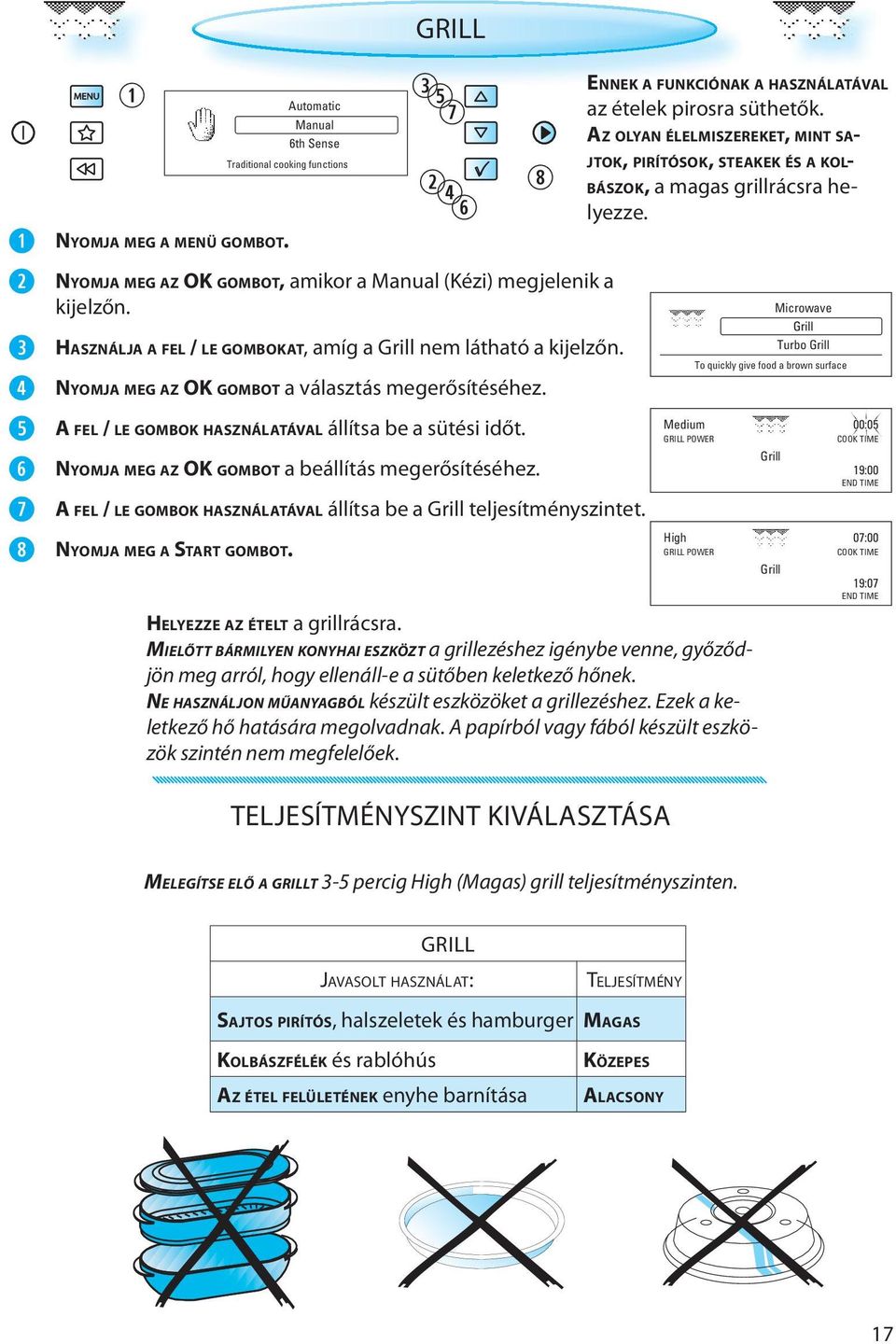 A FEL / LE GOMBOK HASZNÁLATÁVAL állítsa be a Grill teljesítményszintet. NYOMJA MEG A START GOMBOT. ENNEK A FUNKCIÓNAK A HASZNÁLATÁVAL az ételek pirosra süthetők.