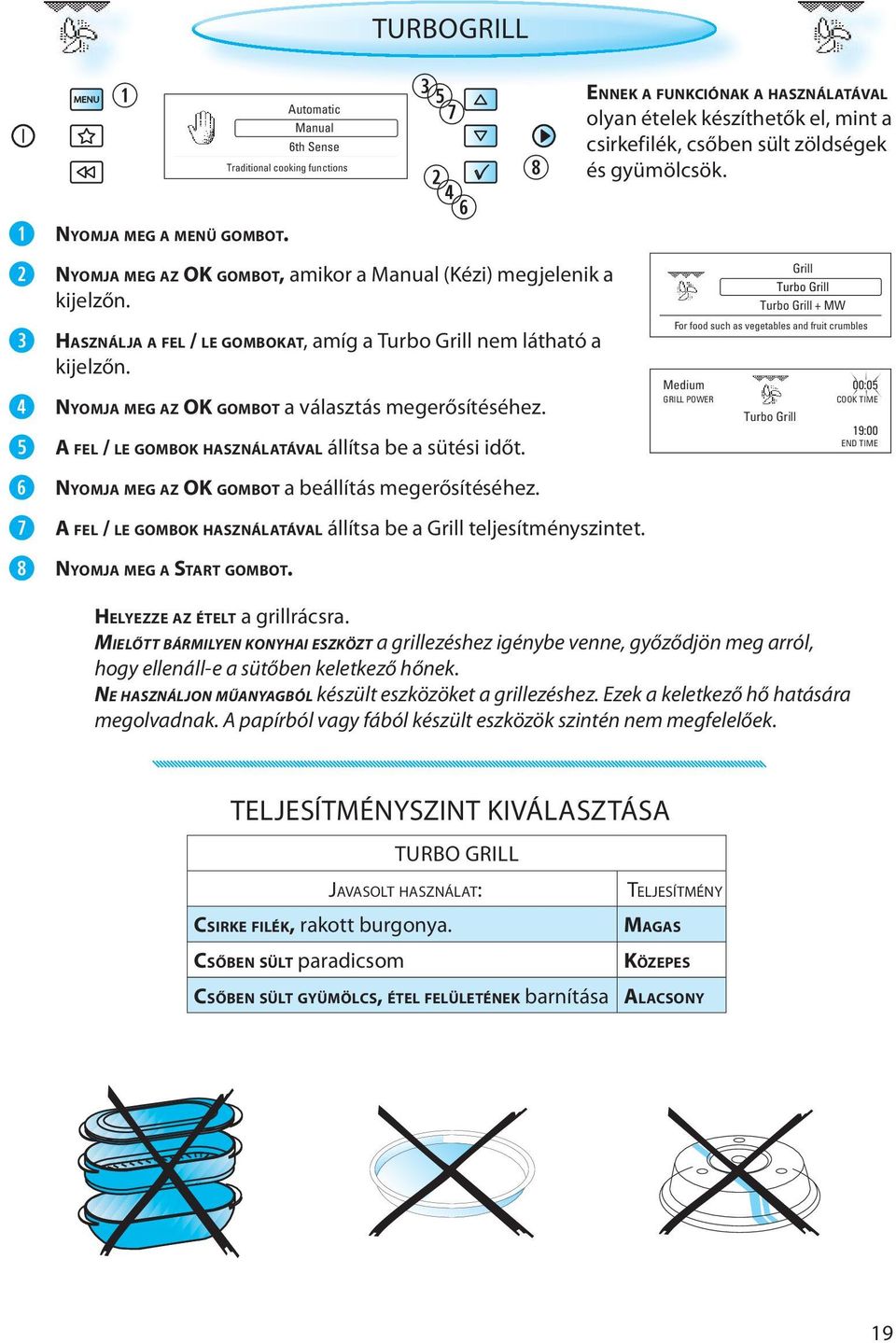 A FEL / LE GOMBOK HASZNÁLATÁVAL állítsa be a Grill teljesítményszintet. NYOMJA MEG A START GOMBOT.