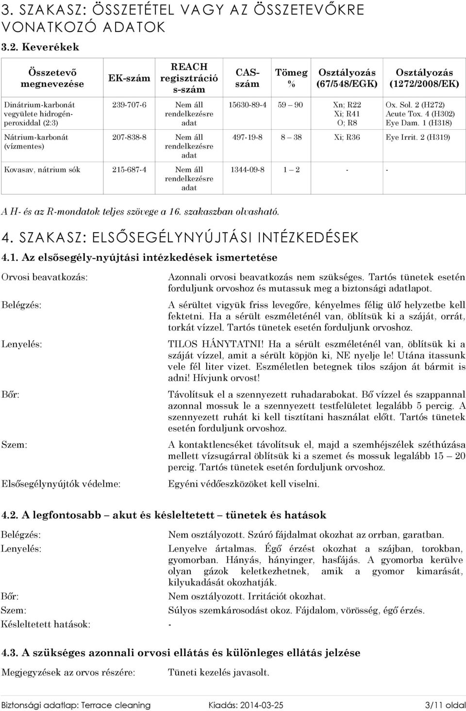 Nem áll rendelkezésre adat 15630-89-4 59 90 Xn; R22 Xi; R41 O; R8 Ox. Sol. 2 (H272) Acute Tox. 4 (H302) Eye Dam.