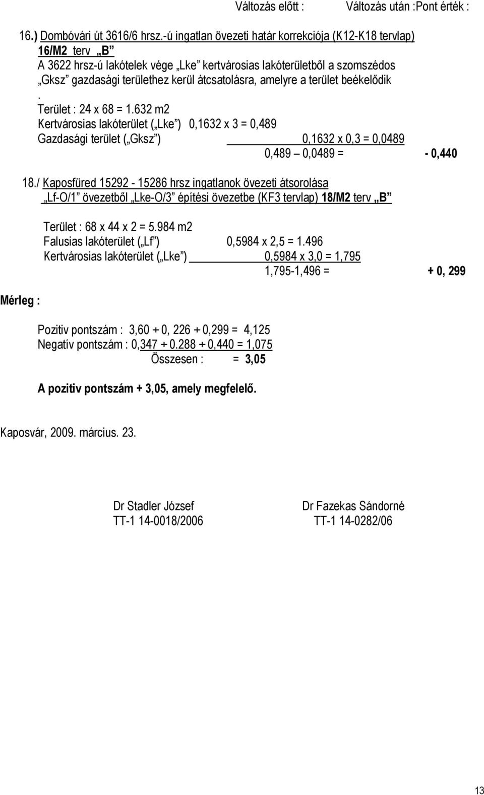 terület beékelődik. Terület : 24 x 68 = 1.632 m2 Kertvárosias lakóterület ( Lke ) 0,1632 x 3 = 0,489 Gazdasági terület ( Gksz ) 0,1632 x 0,3 = 0,0489 0,489 0,0489 = - 0,440 Mérleg : 18.