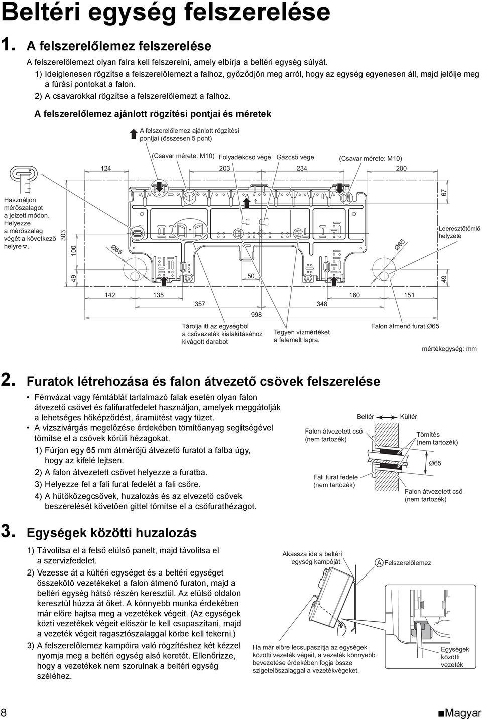 2) A csavarokkal rögzítse a felszerelőlemezt a falhoz.