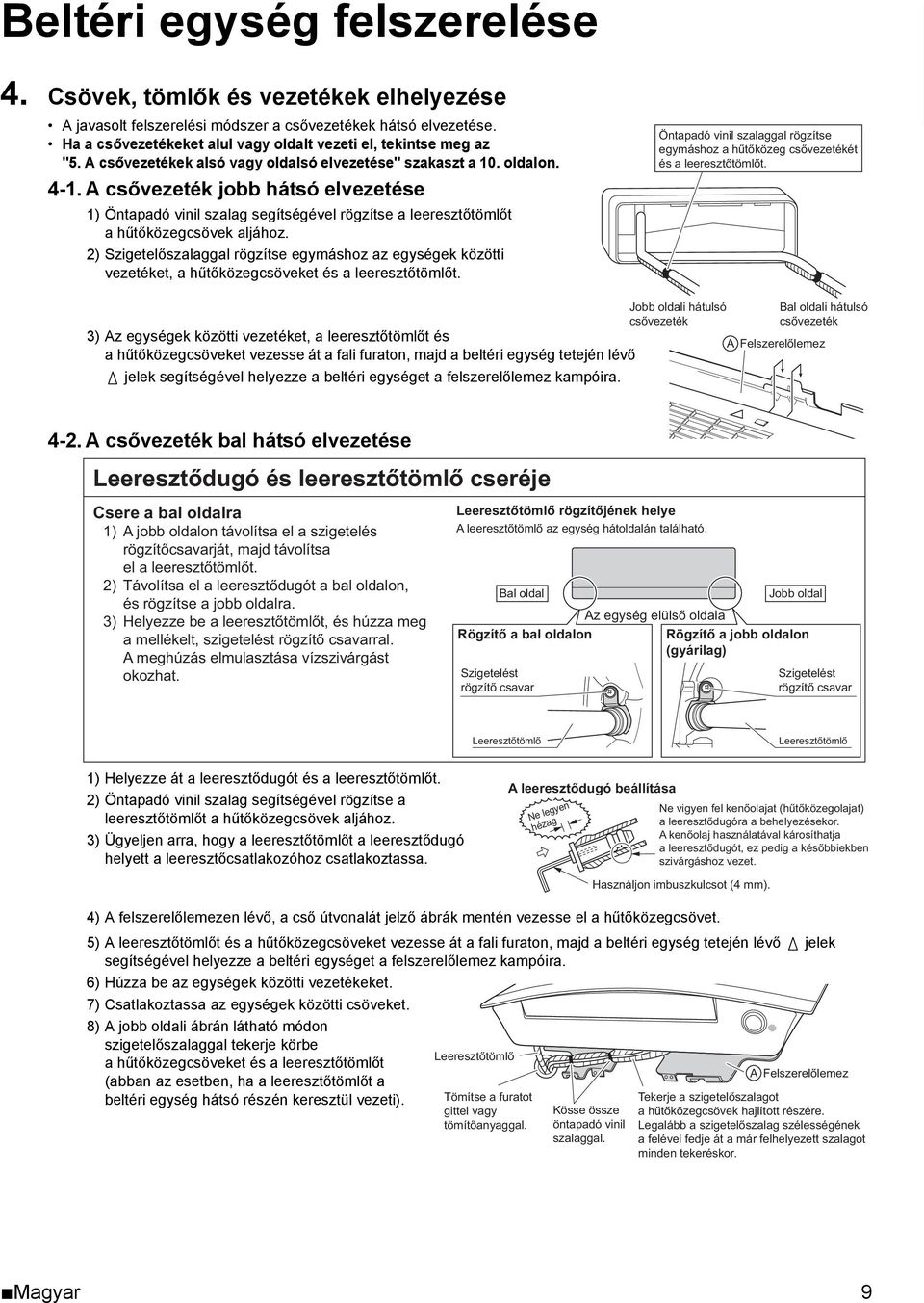 A csővezeték jobb hátsó elvezetése 1) Öntapadó vinil szalag segítségével rögzítse a leeresztőtömlőt a hűtőközegcsövek aljához.