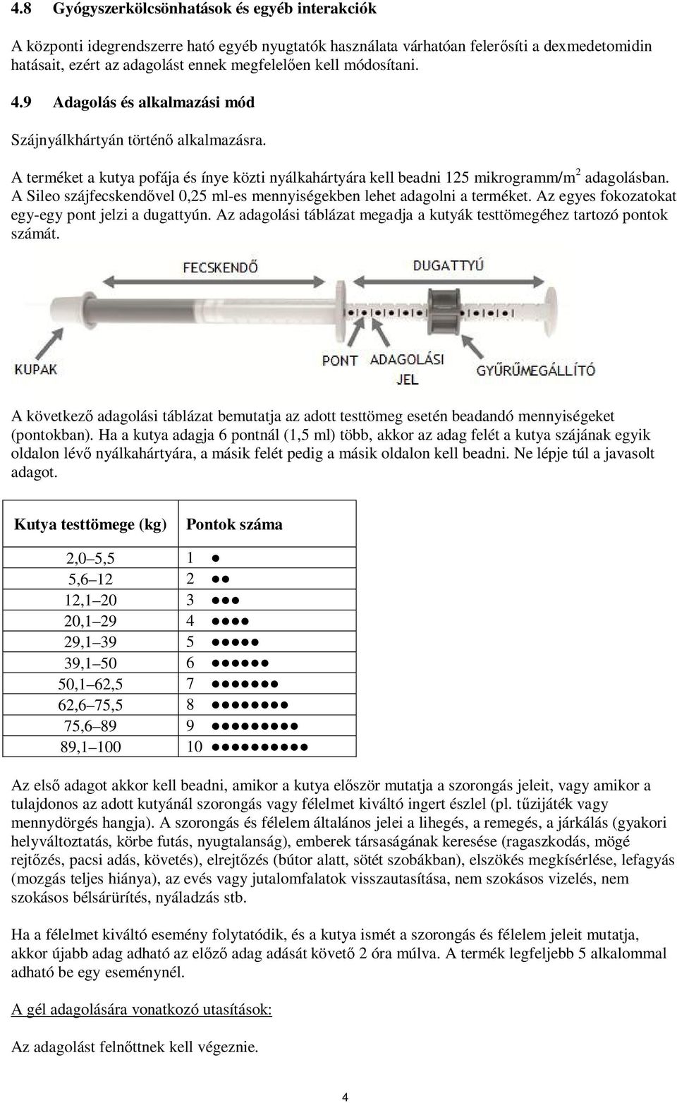 A Sileo szájfecskendővel 0,25 ml-es mennyiségekben lehet adagolni a terméket. Az egyes fokozatokat egy-egy pont jelzi a dugattyún.