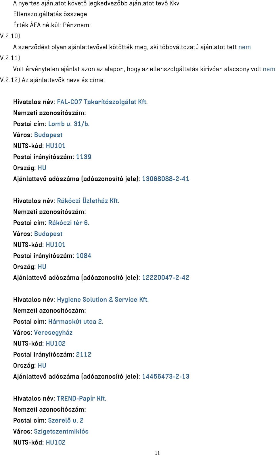 Nemzeti azonosítószám: Postai cím: Lomb u. 31/b.