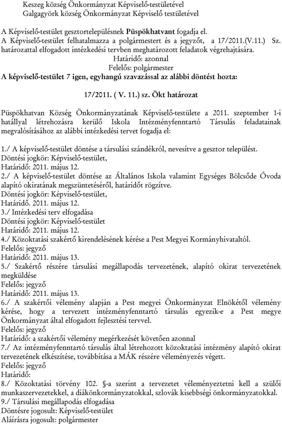 Határidő: azonnal Felelős: polgármester A képviselő-testület 7 igen, egyhangú szavazással az alábbi döntést hozta: 17/2011. ( V. 11.) sz.