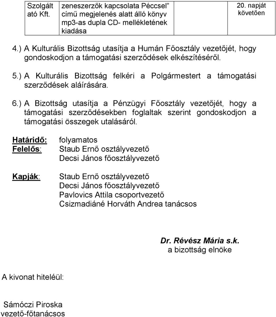 ) A Kulturális Bizottság felkéri a Polgármestert a támogatási szerződések aláírására. 6.