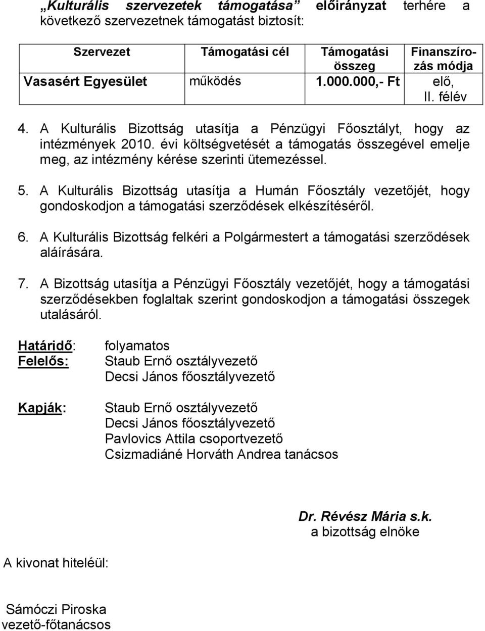 évi költségvetését a támogatás összegével emelje meg, az intézmény kérése szerinti ütemezéssel. 5.