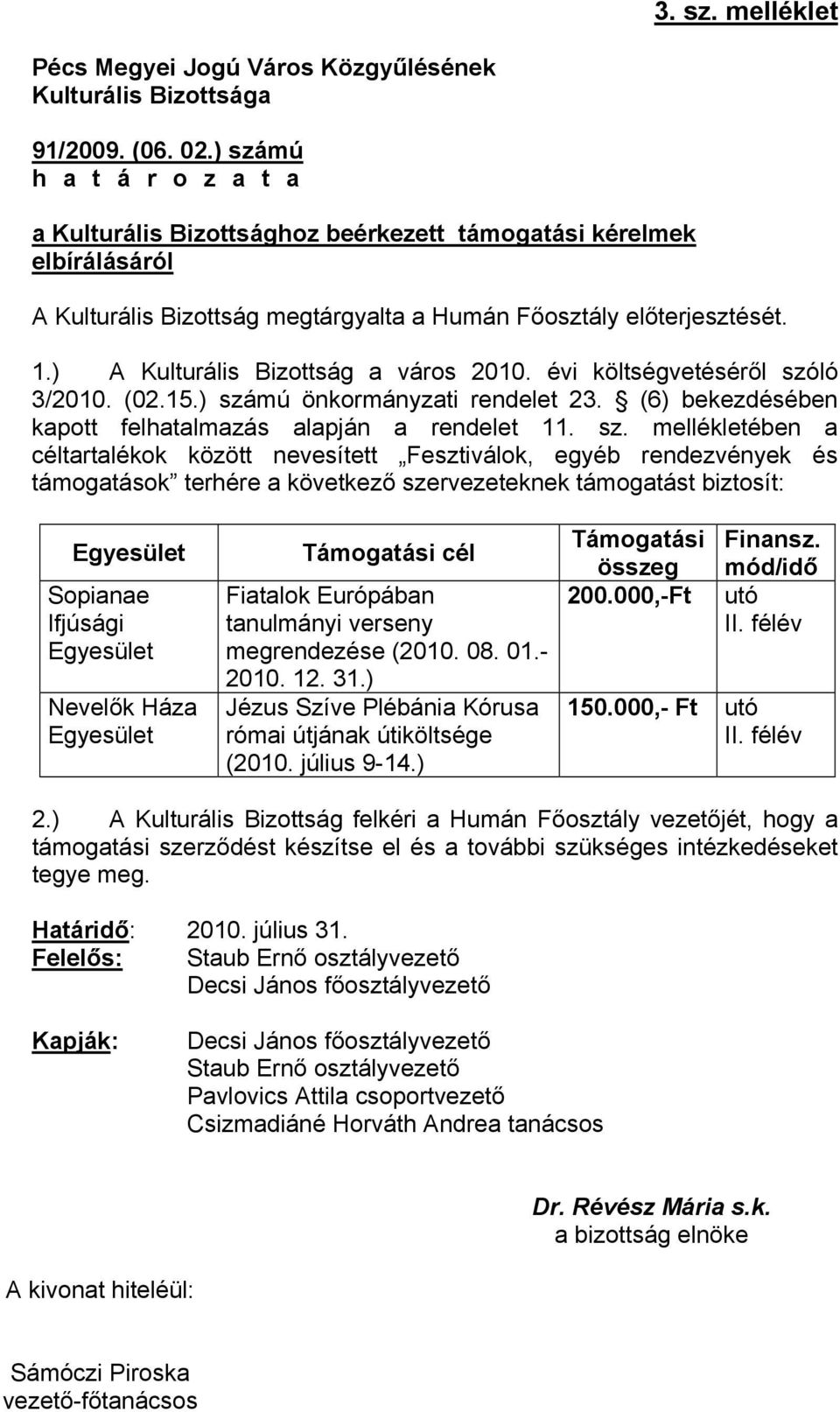 ) A Kulturális Bizottság a város 2010. évi költségvetéséről szó