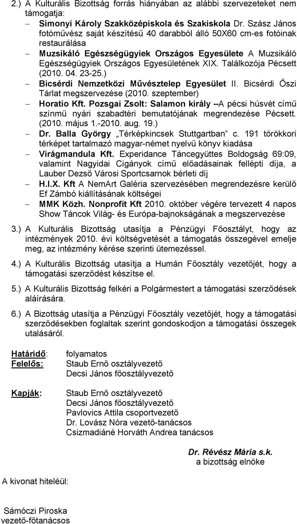 Találkozója Pécsett (2010. 04. 23-25.) Bicsérdi Nemzetközi Művésztelep Egyesület II. Bicsérdi Őszi Tárlat megszervezése (2010. szeptember) Horatio Kft.