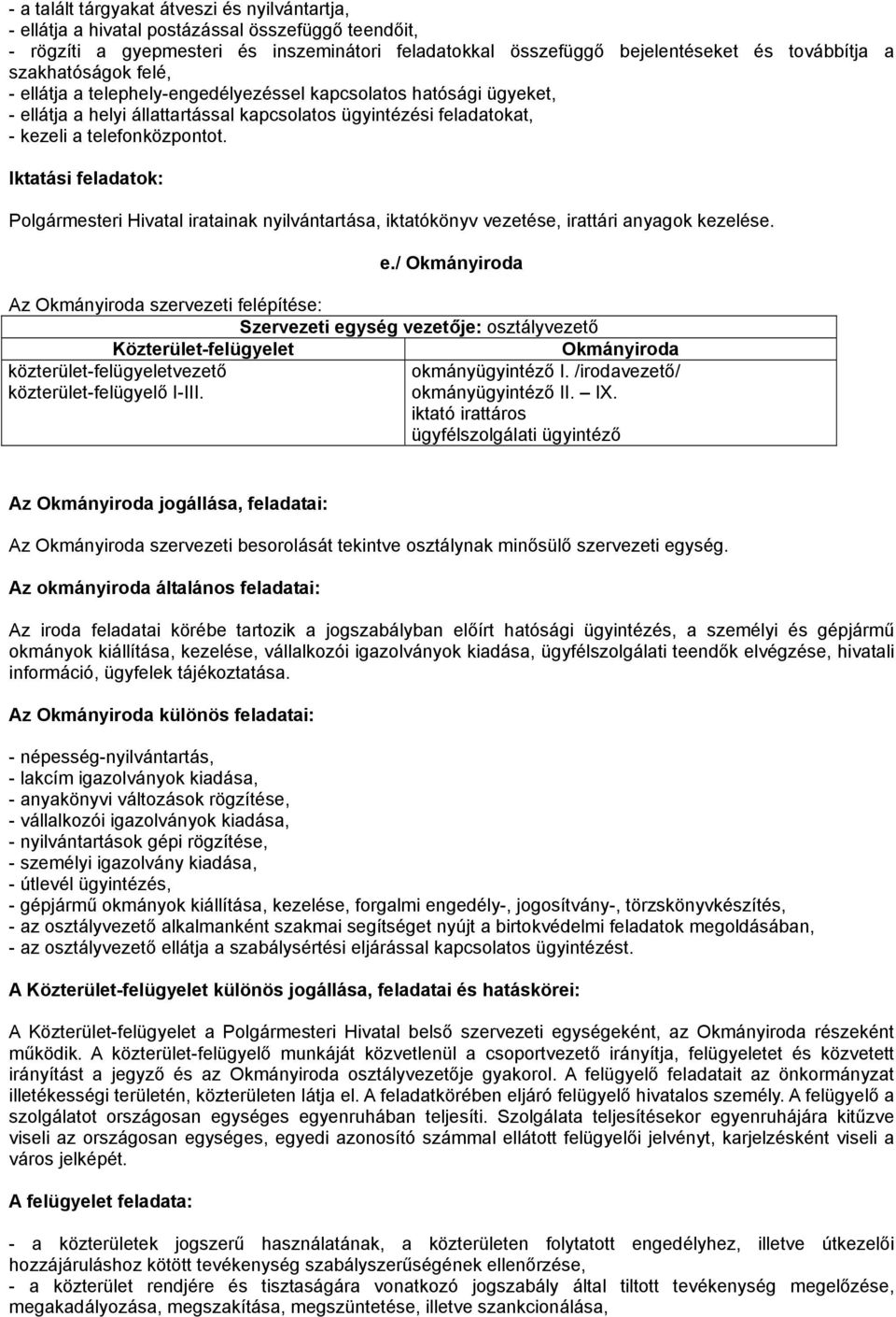 Iktatási feladatok: Polgármesteri Hivatal iratainak nyilvántartása, iktatókönyv vezetése, irattári anyagok kezelése. e.