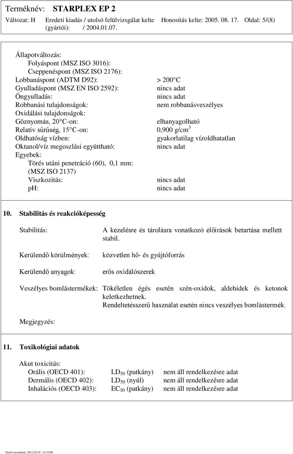 robbanásveszélyes Oxidálási tulajdonságok: Gőznyomás, 20 C-on: elhanyagolható Relatív sűrűség, 15 C-on: 0,900 g/cm 3 Oldhatóság vízben: gyakorlatilag vízoldhatatlan Oktanol/víz megoszlási együttható:
