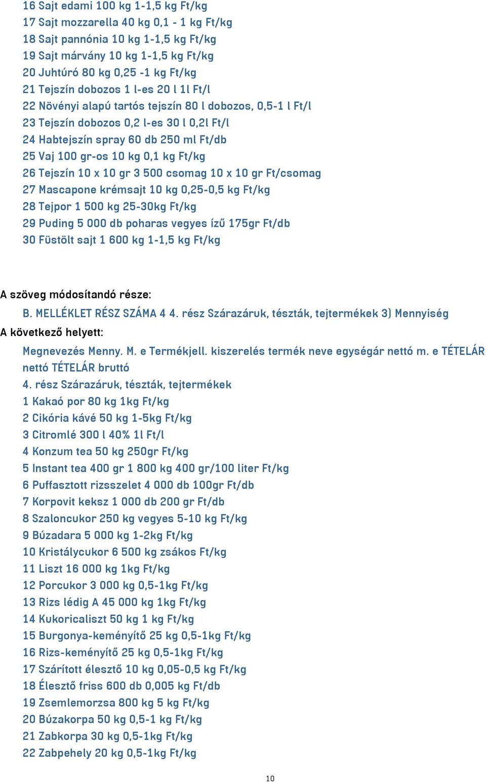 Ft/kg 26 Tejszín 10 x 10 gr 3 500 csomag 10 x 10 gr Ft/csomag 27 Mascapone krémsajt 10 kg 0,25-0,5 kg Ft/kg 28 Tejpor 1 500 kg 25-30kg Ft/kg 29 Puding 5 000 db poharas vegyes ízű 175gr Ft/db 30
