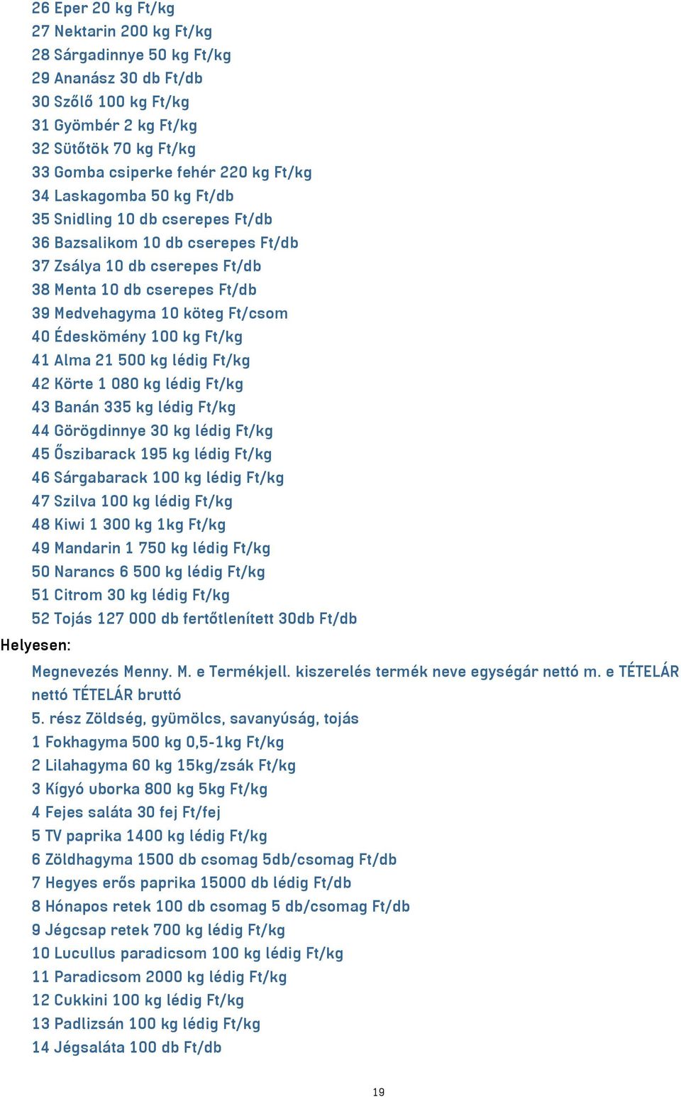 Édeskömény 100 kg Ft/kg 41 Alma 21 500 kg lédig Ft/kg 42 Körte 1 080 kg lédig Ft/kg 43 Banán 335 kg lédig Ft/kg 44 Görögdinnye 30 kg lédig Ft/kg 45 Őszibarack 195 kg lédig Ft/kg 46 Sárgabarack 100 kg