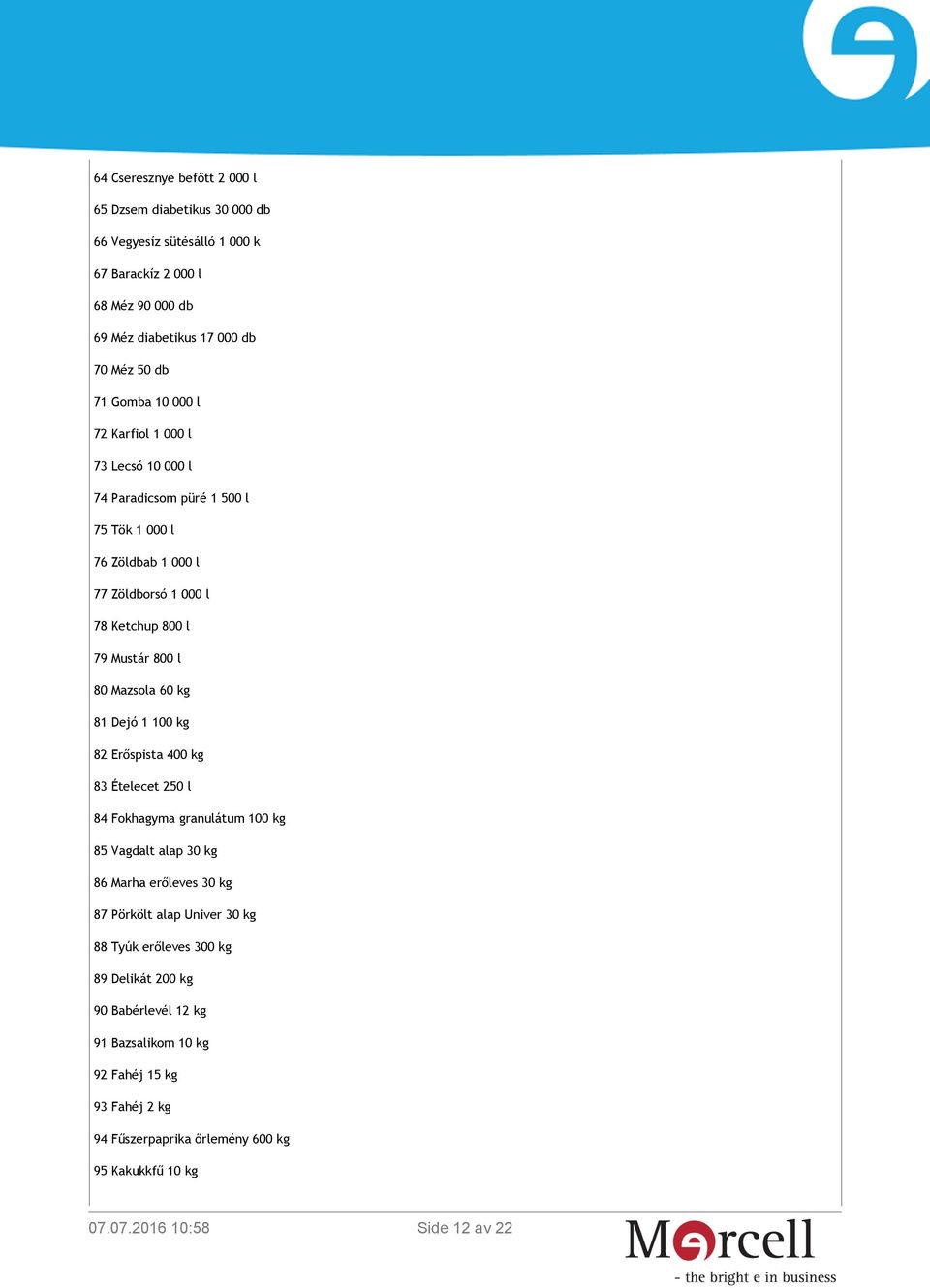Mazsola 60 kg 81 Dejó 1 100 kg 82 Erőspista 400 kg 83 Ételecet 250 l 84 Fokhagyma granulátum 100 kg 85 Vagdalt alap 30 kg 86 Marha erőleves 30 kg 87 Pörkölt alap Univer 30