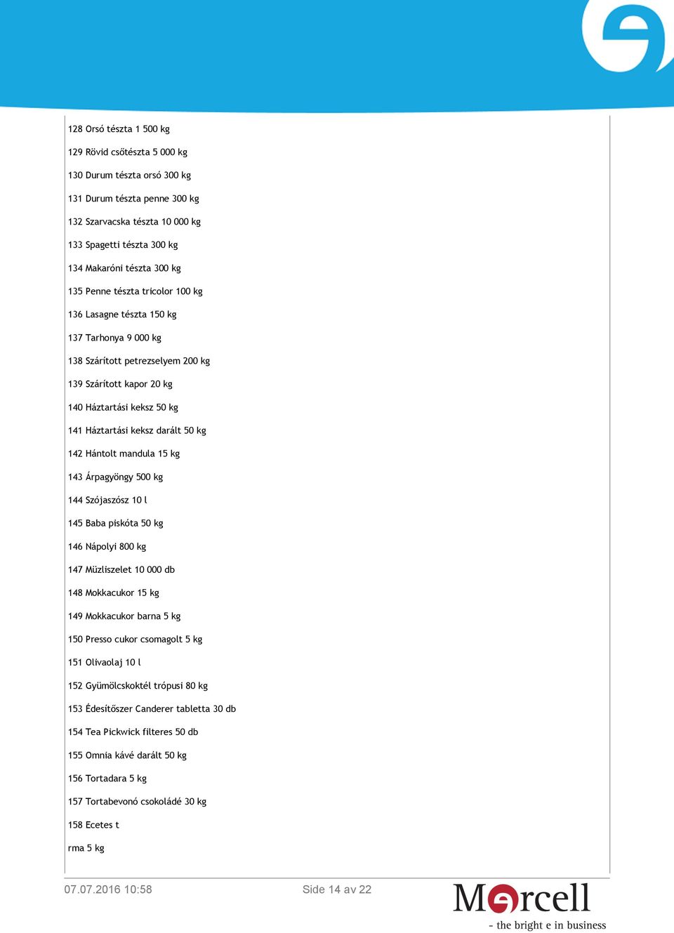kg 142 Hántolt mandula 15 kg 143 Árpagyöngy 500 kg 144 Szójaszósz 10 l 145 Baba piskóta 50 kg 146 Nápolyi 800 kg 147 Müzliszelet 10 000 db 148 Mokkacukor 15 kg 149 Mokkacukor barna 5 kg 150 Presso