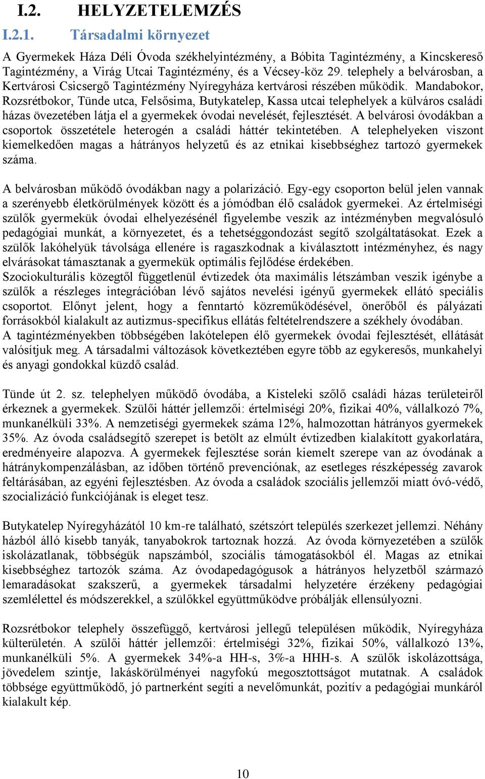 Mandabokor, Rozsrétbokor, Tünde utca, Felsősima, Butykatelep, Kassa utcai telephelyek a külváros családi házas övezetében látja el a gyermekek óvodai nevelését, fejlesztését.