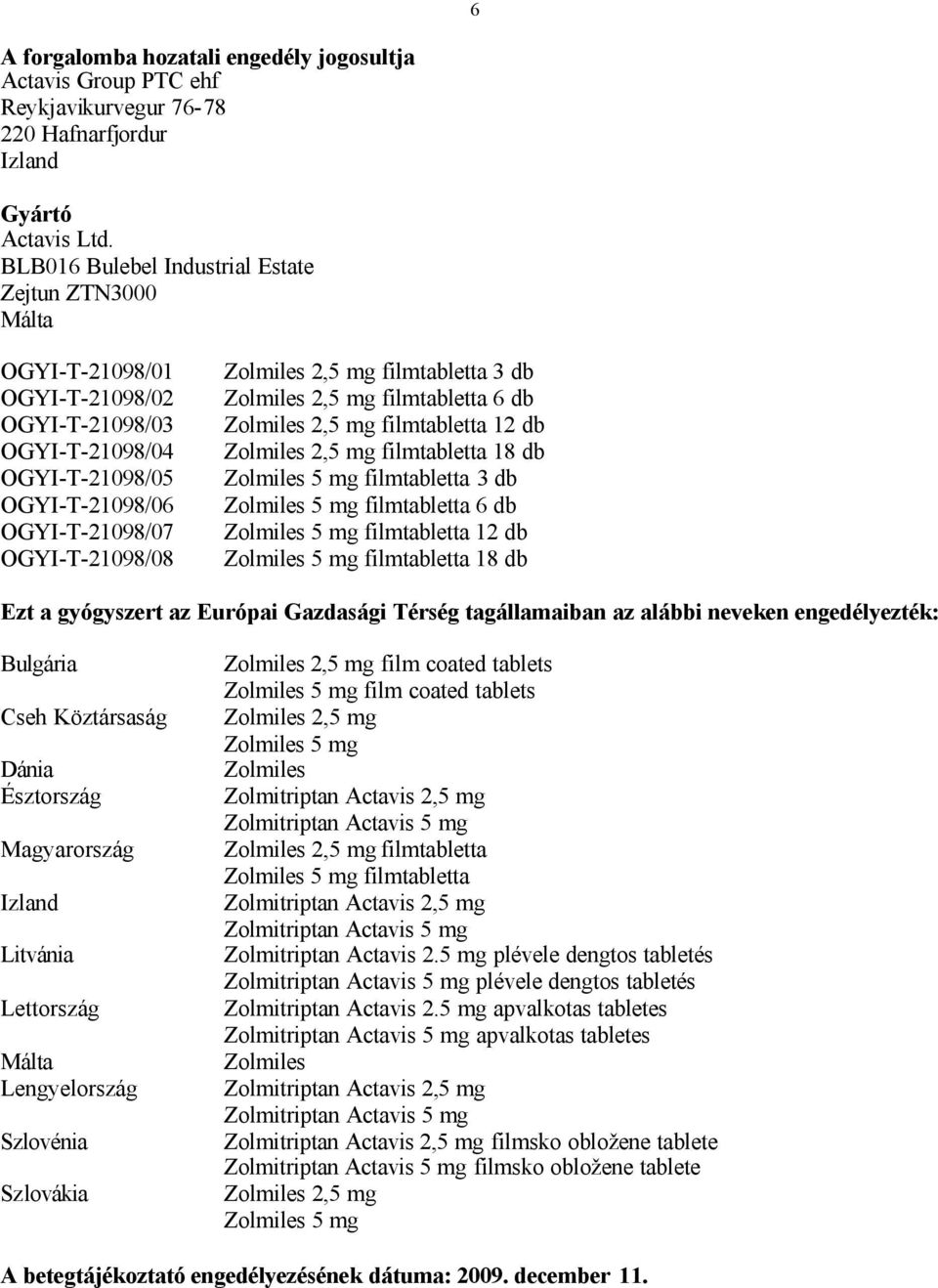 filmtabletta 3 db Zolmiles 2,5 mg filmtabletta 6 db Zolmiles 2,5 mg filmtabletta 12 db Zolmiles 2,5 mg filmtabletta 18 db Zolmiles 5 mg filmtabletta 3 db Zolmiles 5 mg filmtabletta 6 db Zolmiles 5 mg