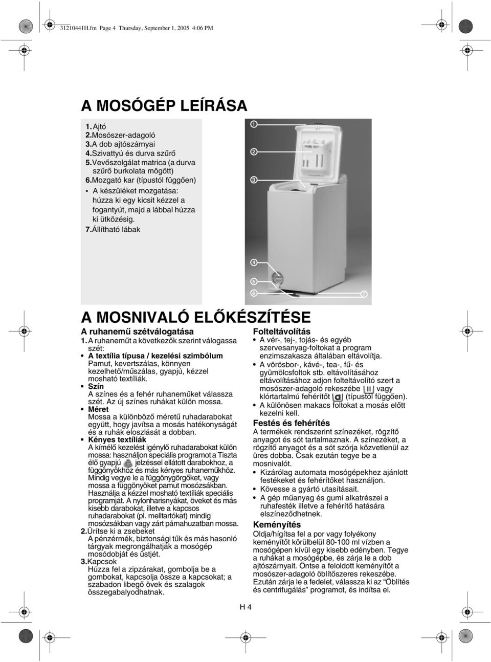 Állítható lábak 1 2 3 1 2 3 4 4 5 5 7 6 6 7 A MOSNIVALÓ ELŐKÉSZÍTÉSE A ruhanemű szétválogatása 1.