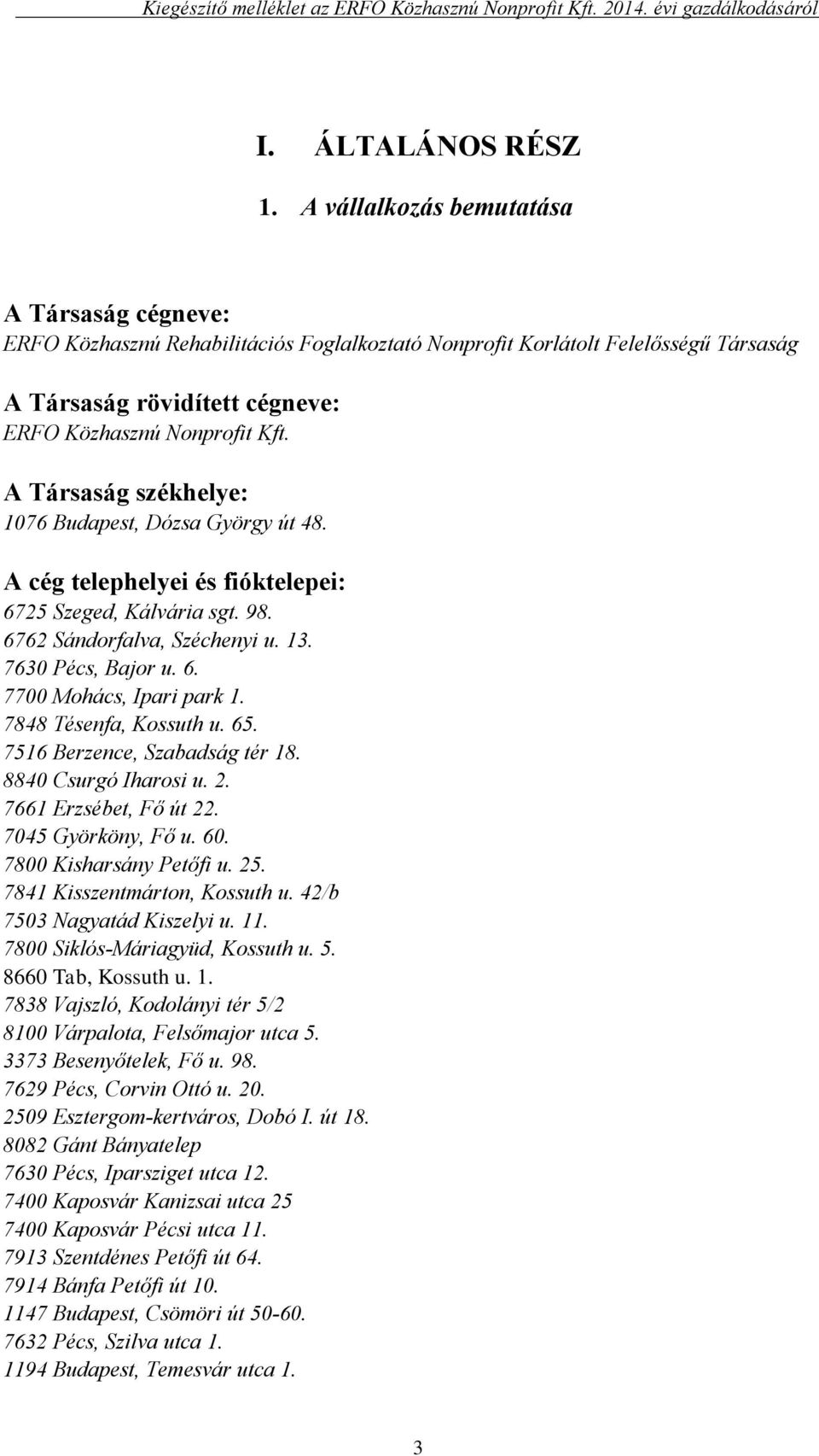 A Társaság székhelye: 1076 Budapest, Dózsa György út 48. A cég telephelyei és fióktelepei: 6725 Szeged, Kálvária sgt. 98. 6762 Sándorfalva, Széchenyi u. 13. 7630 Pécs, Bajor u. 6. 7700 Mohács, Ipari park 1.
