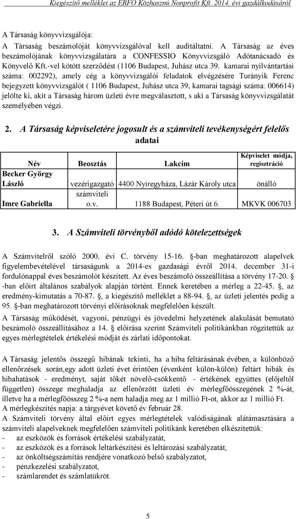 kamarai nyilvántartási száma: 002292), amely cég a könyvvizsgálói feladatok elvégzésére Turányik Ferenc bejegyzett könyvvizsgálót ( 1106 Budapest, Juhász utca 39, kamarai tagsági száma: 006614)
