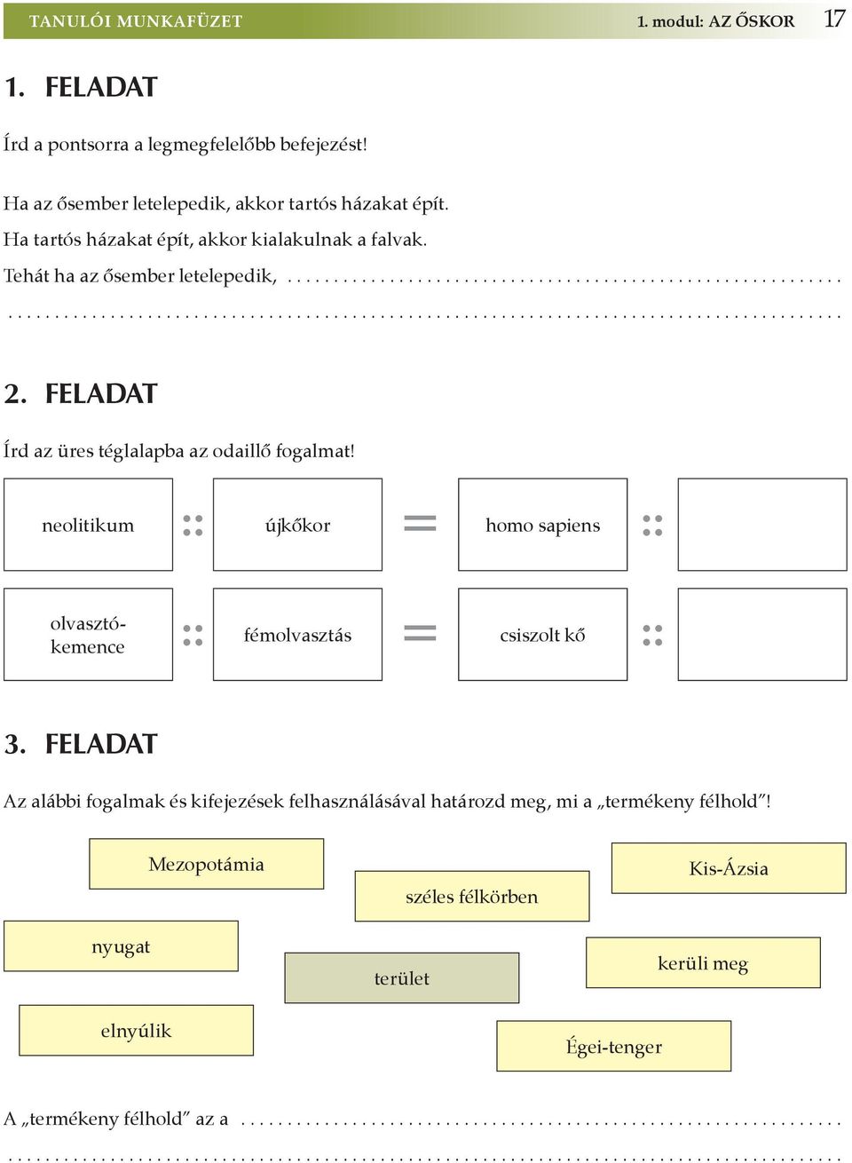 feladat Írd az üres téglalapba az odaillô fogalmat! neolitikum :: újkőkor = homo sapiens :: olvasztókemence :: fémolvasztás = :: csiszolt kő 3.
