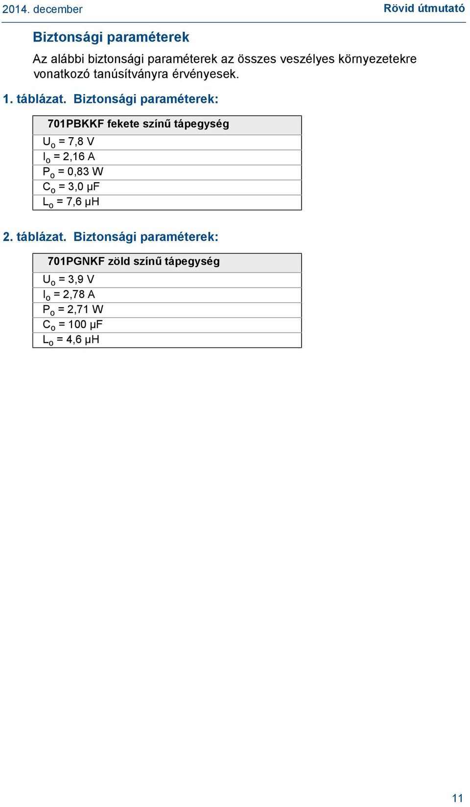 Biztonsági paraméterek: 701PBKKF fekete színű tápegység U o = 7,8 V I o = 2,16 A P o = 0,83 W C o